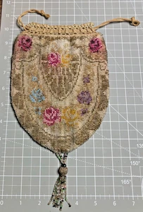 Antique Victorian Floral Beaded Drawstring  Style and Tassels Purse - Picture 1 of 3