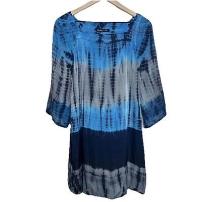 Gypsy Global Village Blue Tie Dye 3/4 Sleeves Dress Sz Large Silk Mini Nautical - Image 1 of 4
