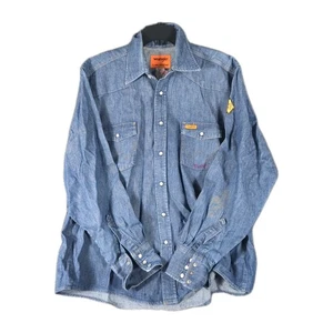 Wrangler FR Mens Blue Denim Long Sleeve Pearl Snap Western Work Shirt XL - Picture 1 of 10