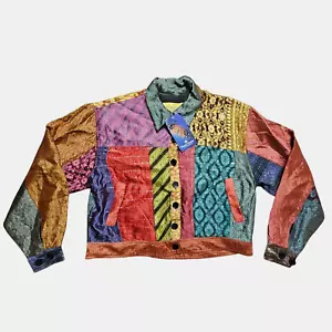 Sacred Threads Button Up Jacket Womens Multicolor Patch Art Lined Size S/M NWT - Picture 1 of 12