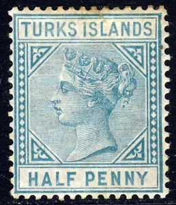 TURKS ISLANDS QV 1882 Half Penny Blue-Green Die I Wmk Crown CA SG 53 MINT - Picture 1 of 2