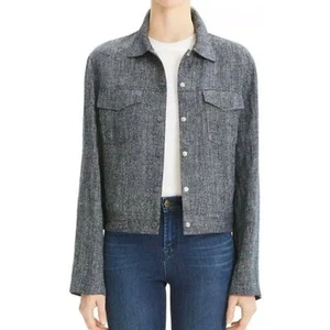 Theory Navy Multi Herring Mélange Linen Trucker Button Down Pockets Jacket S - Picture 1 of 12