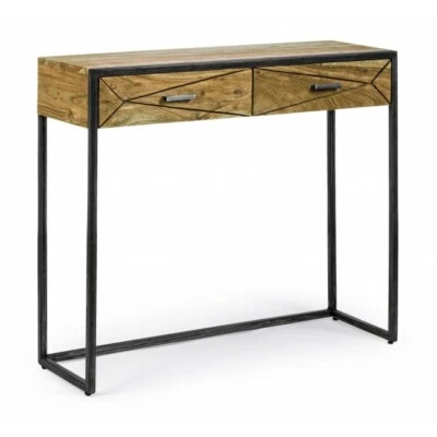 Console Table Tolette Cabinet Modern 2 Drawers Egon IN Acacia And Metal - Image 1 of 4