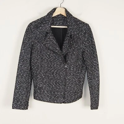 Chaqueta de moto Ann Taylor moteada tweed negra cremallera completa para mujer talla 10 Foto 1 de 4