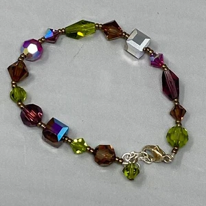Crystal Bracelet Green Pink Round Cube Aurora Borealis Glass Beads Tennis 7" - Picture 1 of 9