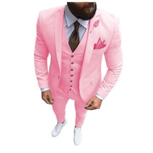 Pink Men's 3 Pieces Suit Business Lapel Best Man Wedding(Blazer+Vest+Pants)