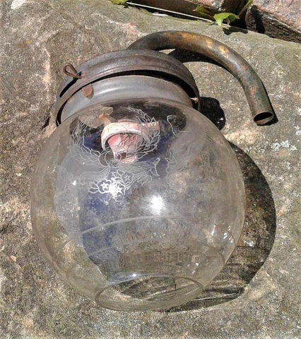 Antique Gas Wall Light Sconce Fixture w Clear Round Acid Etched Globe 1890s Cover