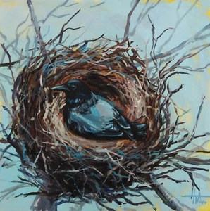 Original Oil Painting On Canvas Bird In Nest 30x30 cm Wall Art - Picture 1 of 4