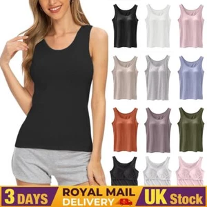 UK Womens Padded Built in Bra Self Tank Tops Camisole Vest Sleeveless T Shirt - Picture 1 of 33