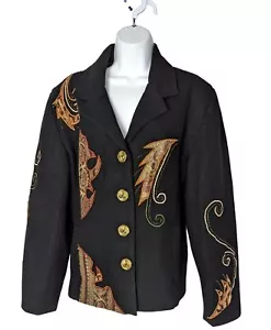 Alex Kim Black Coat Button Wool Blend Embroidered Artsy Wearable Art Sequin XL - Picture 1 of 11