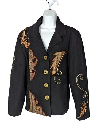 Abrigo Alex Kim Negro Botón Mezcla Lana Bordado Artístico Usable Arte Lentejuelas XL Foto 1 de 4