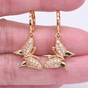 18K Yellow Gold Filled Women Fashion Clear Topaz Butterfly Dangle Earrings - Picture 1 of 1