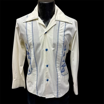 Camisa De Colección Años 70 Fanny Para Hombre Blanca Azul Bordada Con Botones MoD DISCO Calzoncillo M Foto 1 de 4