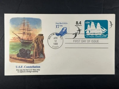 US FDC 1988 U.S.F. Constellation 8.4c Nonprofit Ship Embossed Envelope  b131 - Image 1 of 2