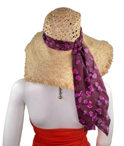 Gucci NWT Auth Sz 57 M 100% Raffia Tan Straw Hat Fringe 100% Silk Pink Scarf - Picture 1 of 11