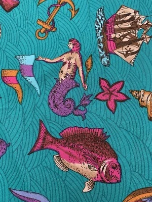 Hoffman Mermaid Fabric Engraved Tropicals Fish Seashells Single Border Pink Teal - Image 1 of 4