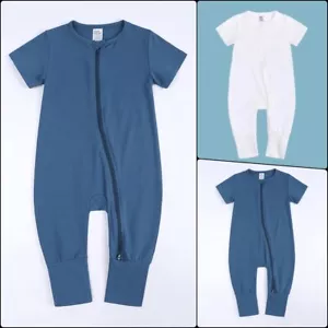 3-Set BABY ROMPER-SLEEPER Short Sleeve Double Zipper Cotton Blue White Boy 4size - Picture 1 of 23