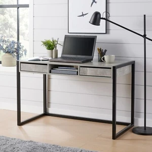 Office Desk Grey Concrete Effect Workstation 2 Drawer Storage Black Metal Legs - Picture 1 of 9