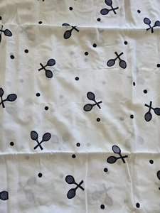 Vintage Polyester White Fabric With Blue Flocked Fuzzy Tennis Racket 1 3/8 Yd - Picture 1 of 4