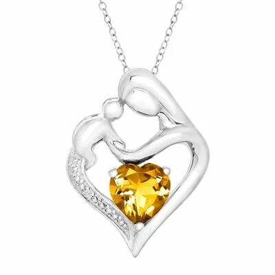 Created Citrine Mother & Child Heart Pendant Moissanite 925 Sterling Silver 18" - Image 1 of 4