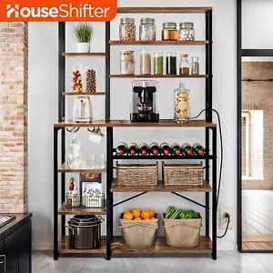Rustic 9 Tier Kitchen Bakers Rack Microwave Stand W/ Power Outlet Storage - Picture 1 of 11