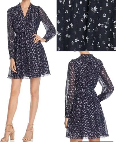 Abito Kate Spade blu navy nuovo $428 taglia 2 stelle cielo notturno a pois seta metallizzata nuovo con etichette