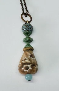 Unique Murano Art Glass Copper Pendant Long Bronze Chain Necklace - Picture 1 of 7