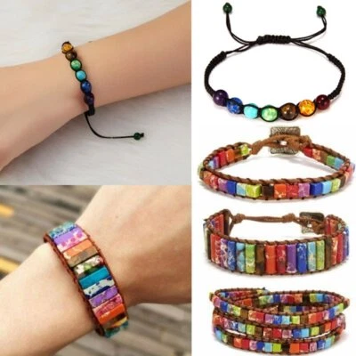 7 Chakra Natural Stone Healing Beads Bracelet Leather Bangle Wrap Jewelry Women - Image 1 of 4