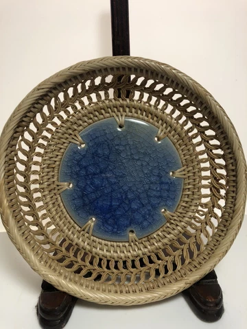 Traditional Cambodia Woven Basket Folk Art 5” Blue Porcelain Trinket Dish Cover
