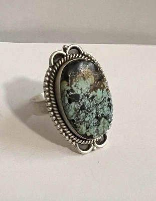 Sterling Silver 925 Genuine Blackjack Turquoise Ring Adjustable (6-10) Oval $200 - Image 1 of 4
