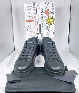 Dolce & Gabbana Nappa Portofino Black Leather Sneakers Mens Size 9 New With Box - Picture 1 of 13