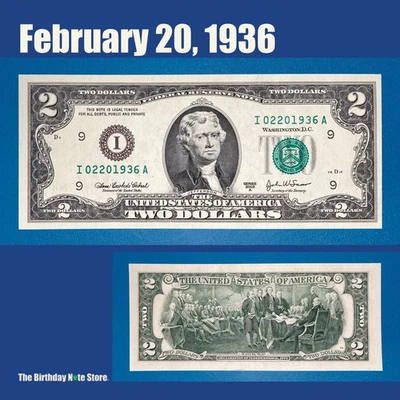 February 20, 1936 Birthday Anniversary $2 Two Dollar Bill Serial Number 02201936 - Image 1 of 2