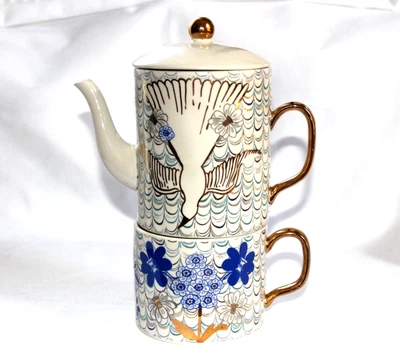 Anthropologie Lauren McIntosh Tea For One Teapot & Mug Set Bird Flowers Blue - Image 1 of 4
