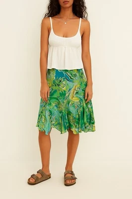 Bila Bufanda Dobladillo Falda L Verde Floral Asimétrica Artística Fluida Hawaiana Tropical Foto 1 de 4