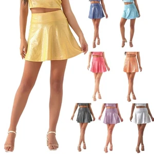Women Faux Leather Metallic Wetlook Skirt Party Raves Pleated A-Line Mini Skirt - Picture 1 of 48