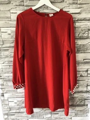 H&M 连衣裙女式 6 珍珠装饰袖口 A 字纽扣晚装优雅 — 第 1/4 张图片