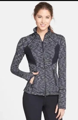 Zella Women’s L Stamina Jacket Workout Athletic Black Grey Striped Mesh Fitted - Image 1 of 4