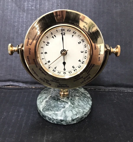 Vtg GMT Swivel Desk Clock Green Marble Brass Rotating World Time Zone  Z26 091 Cover
