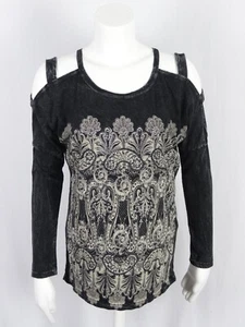 Women's Vocal Sexy Black Wash Cut Out Shoulder Long Sleeve Shirt Top With Stones - Picture 1 of 4