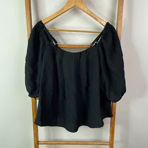 Cue Blouse Top Womens 12 Black Linen Blend Cold Shoulder Sleeve Scoop Neck - Picture 1 of 13