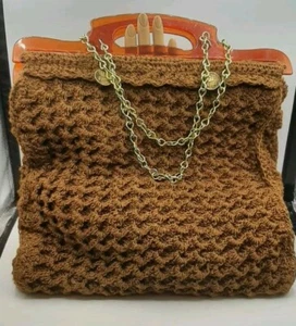 Vintage 70's Macrame Purse Handbag Boho Hippie Lined Bag Acrylic Handles Buttons - Picture 1 of 8