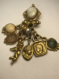 Gold Tone Mixed Material Multi Dangle Brooch-MOP Scarab Cupid Faux Pearl