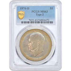 1976-D Eisenhower (Ike) Dollar PCGS MS63 Type 2 - Lovely Rainbow Toning - Picture 1 of 9