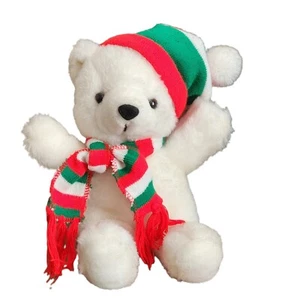 WHITE PLUSH CHRISTMAS BEAR WITH SANTA HAT & SCARF VERY CUTE ONLY USED FOR DECOR - Picture 1 of 4