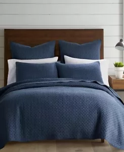 LEVTEX HOME CROSS STITCH KING BEDSPREAD SET NAVY BLUE SHAMS COTTON REVERSIBLE - Picture 1 of 3