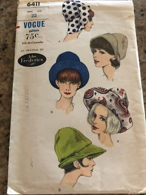 🌹1965 VOGUE #6411 - LADIES DESIGNER JOHN FREDERICS HAT PATTERN  22"  NOT A COPY - Image 1 of 2
