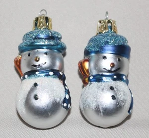 Blown Glass Snowman Christmas Ornaments (2) White Blue 1 ¾” Tall - Picture 1 of 7