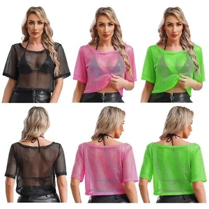 Women Shirt Dance T-shirt Disco T-shirts Off Shoulder Crop Top Net Tops Sheer - Picture 1 of 45