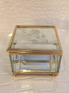 MELE Beviled Glass Jewelry Case Trinket Box Flower Rose Gold Trim Hinged Footed - Picture 1 of 7