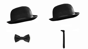 Laurel & Hardy Black Bowler Hat Neck & Bow Tie Set Silent Movie Fancy Dress  - Picture 1 of 1